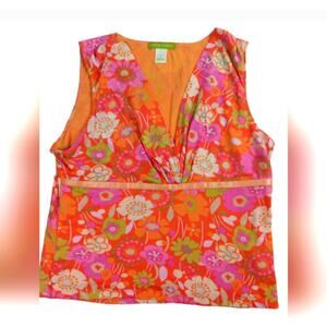 Sigrid Olsen 90s Y2K Revival Tank V Neck Top Blouse Floral Colorful Top Sz XL